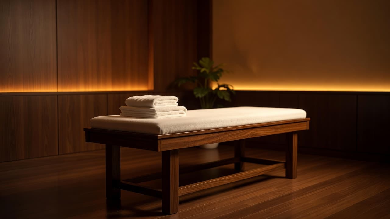 A wooden massage table under warm amber lighting with folded white towels in a quiet spa room.