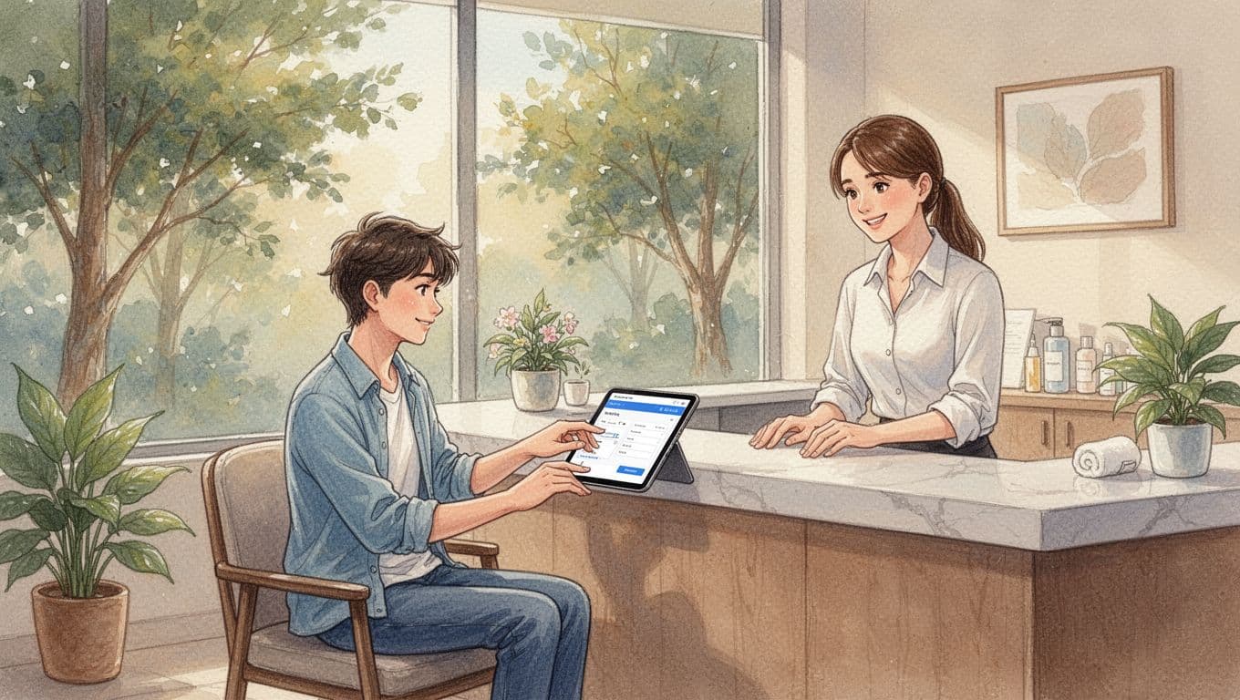 Relaxed young professional in casual attire at cozy Nairobi spa reception on Kindaruma Road, filling online booking form on tablet with staff assisting, serene Afya Maisonettes view outside window.