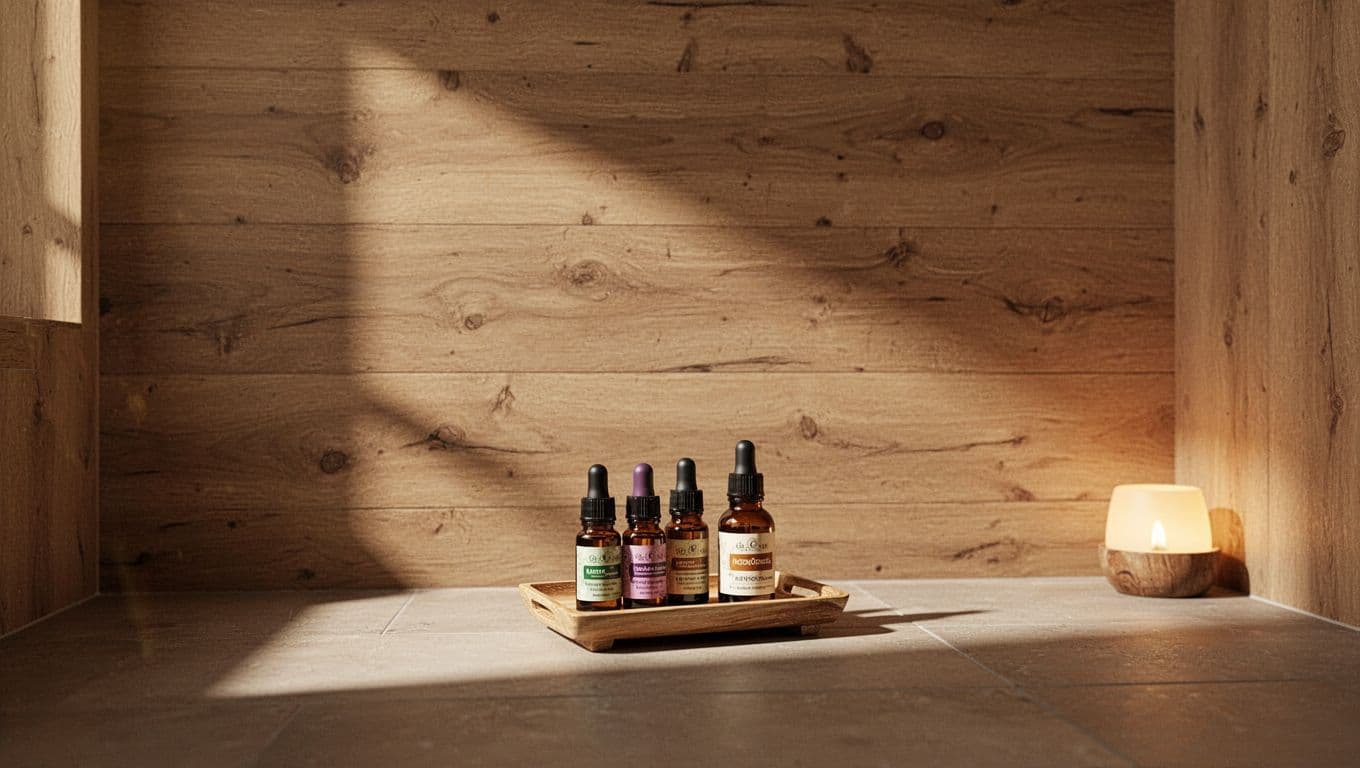 Essential oil bottles on a wooden tray in a warm, dimly lit Kilimani spa room.