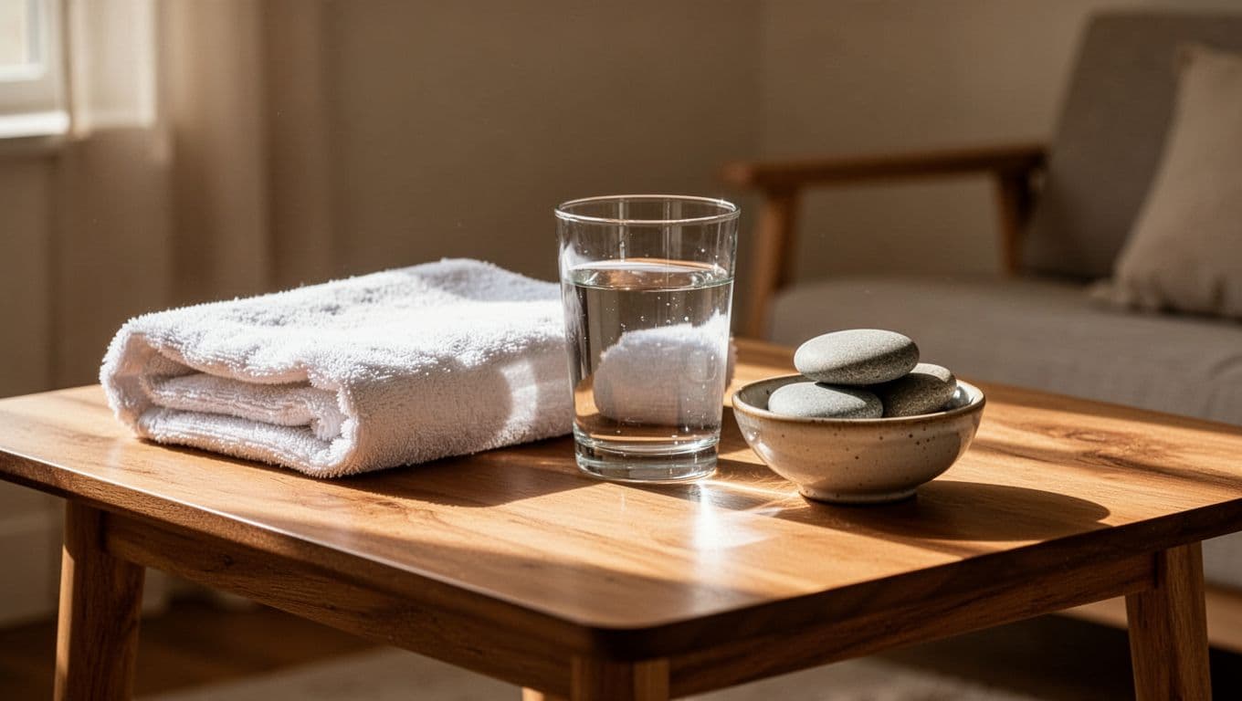 A wooden table with a white towel, water glass, and spa stones in strong sunlight.