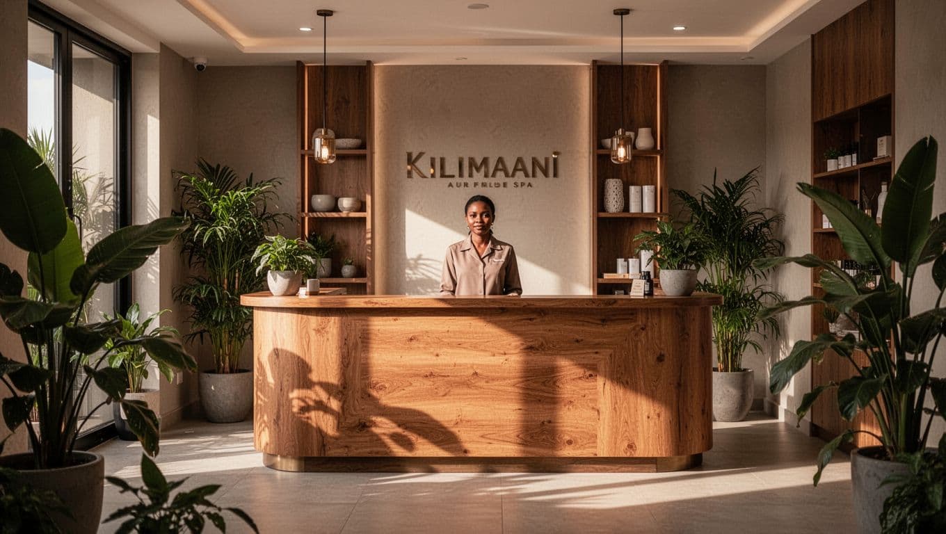 A friendly receptionist behind a wooden counter in a warmly lit modern spa.