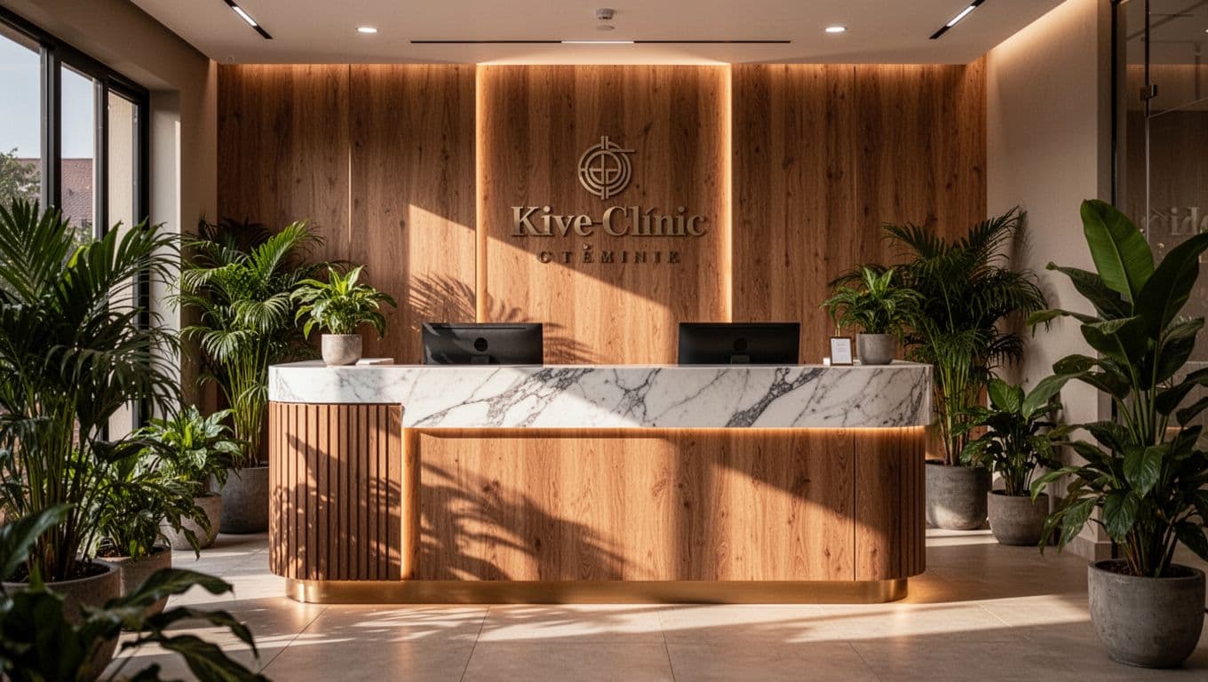 A polished wooden reception desk sits in a tranquil clinic lobby. Soft ambient lighting illuminates cascading green plants and clean minimalist decor, creating a professional atmosphere of relaxation and refined comfort.