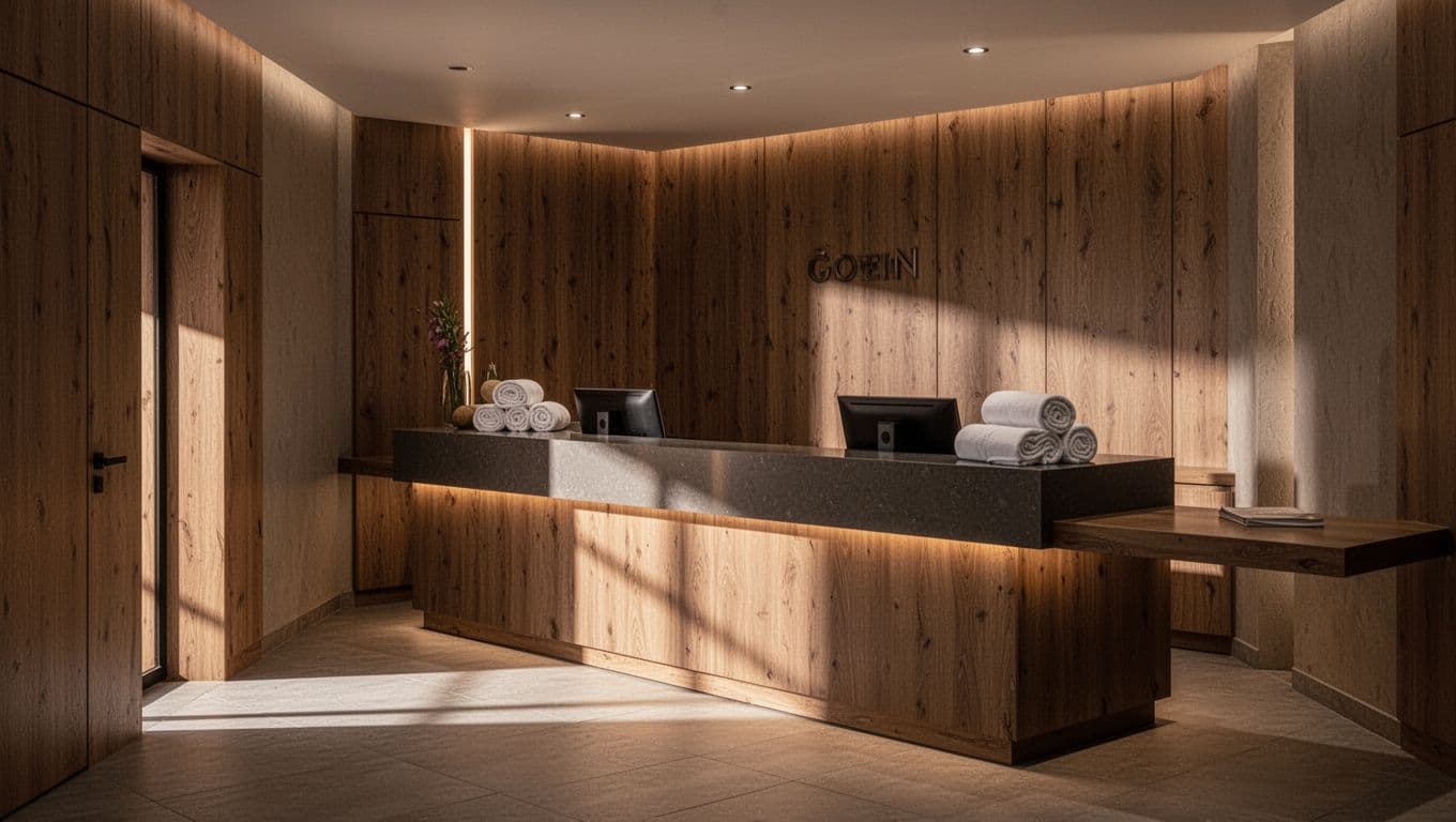 A calm spa reception with warm lighting, wood accents, and rolled towels on display.