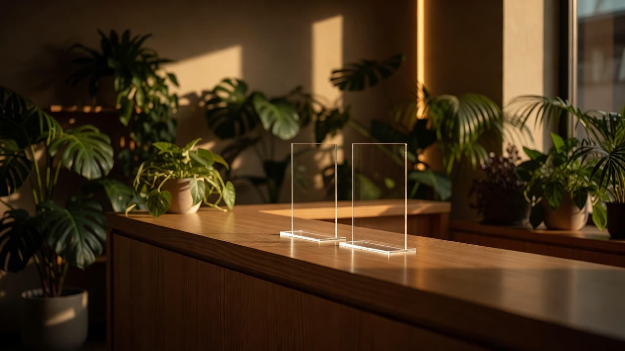 A warm wooden reception desk in a high-end spa with soft background lighting.