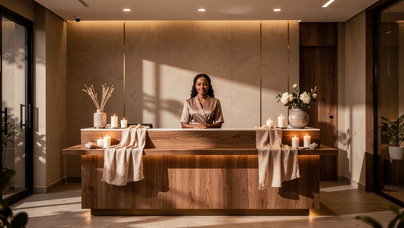 A receptionist at a wooden spa desk with warm lighting.