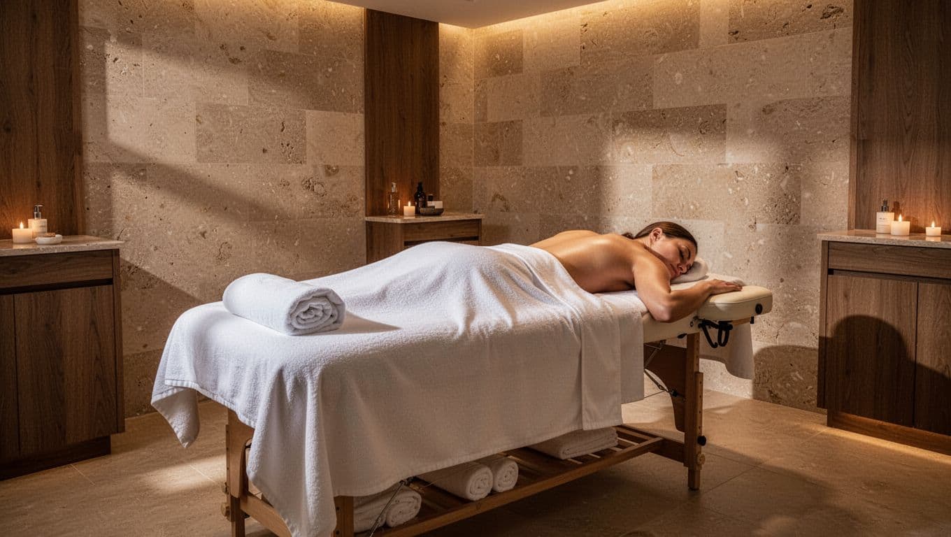 A comfortable massage table inside a dimly lit serene spa room with warm ambient lighting.