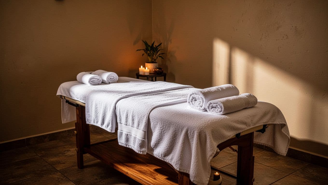 A wooden massage table with fresh towels inside a warmly lit Nairobi spa room.