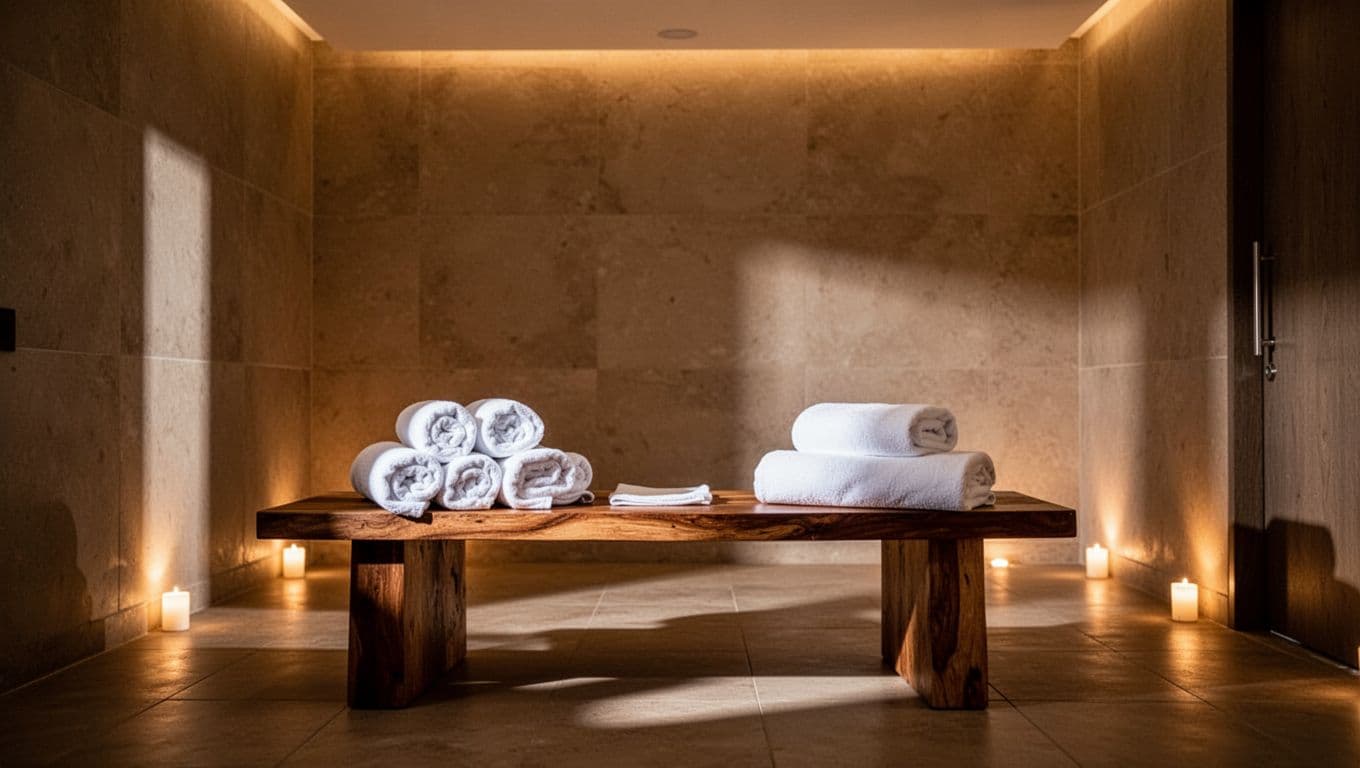Softly lit spa room with rolled towels and candles on wooden shelves.
