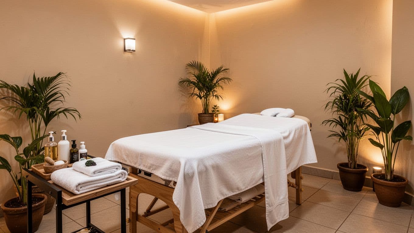 Swedish Massage 11 Clean serene interior treatment room at a Nairobi spa with a padded massage table covered in fresh white sheets, side table with massage oils and towels, soft warm ambient lighting, potted plants, and a peaceful atmosphere.