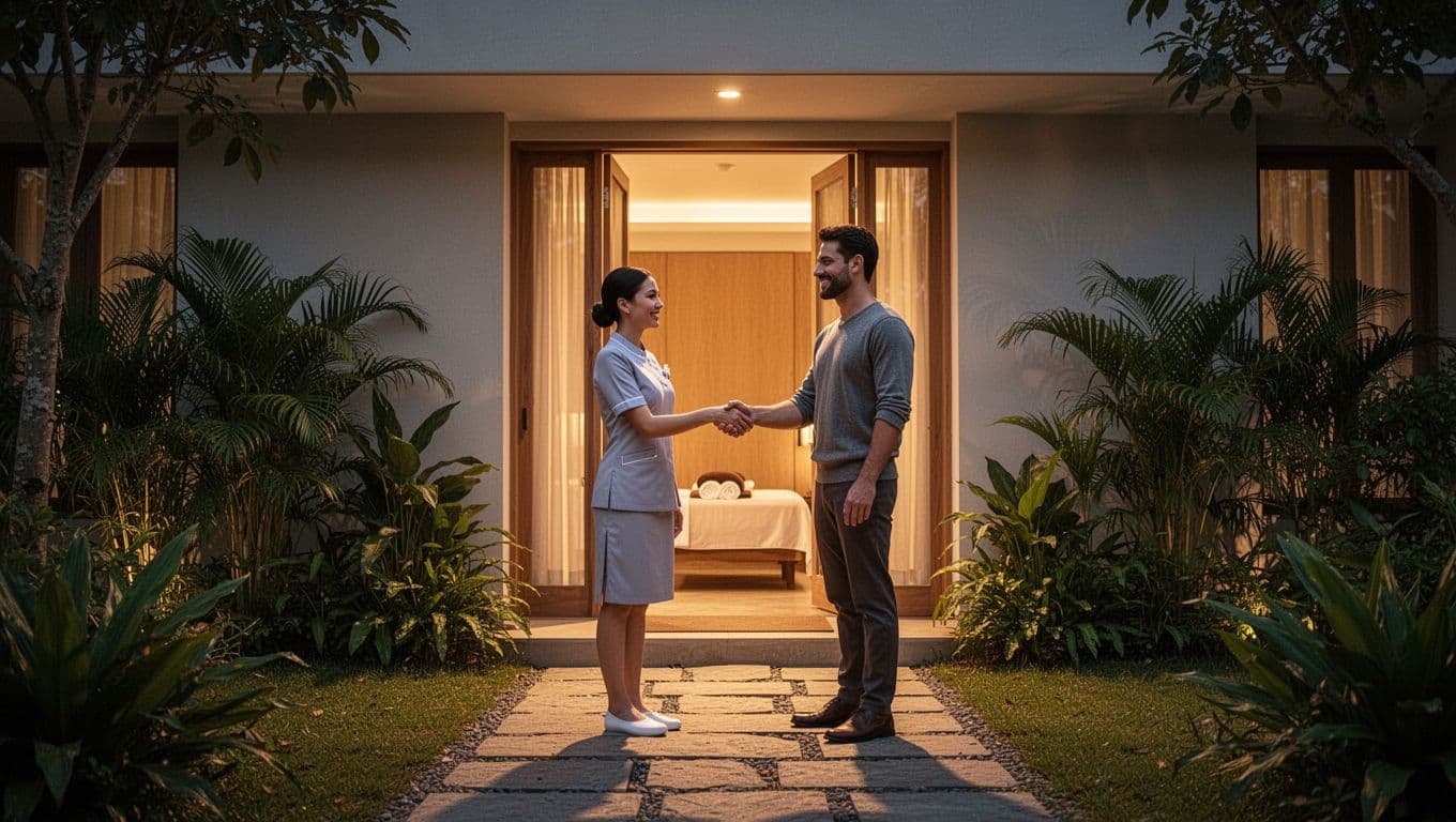 Friendly professional female massage therapist in neat uniform welcomes a relaxed male guest at the serene Kilimani spa entrance on Ndemi Lane at dusk with warm golden light.