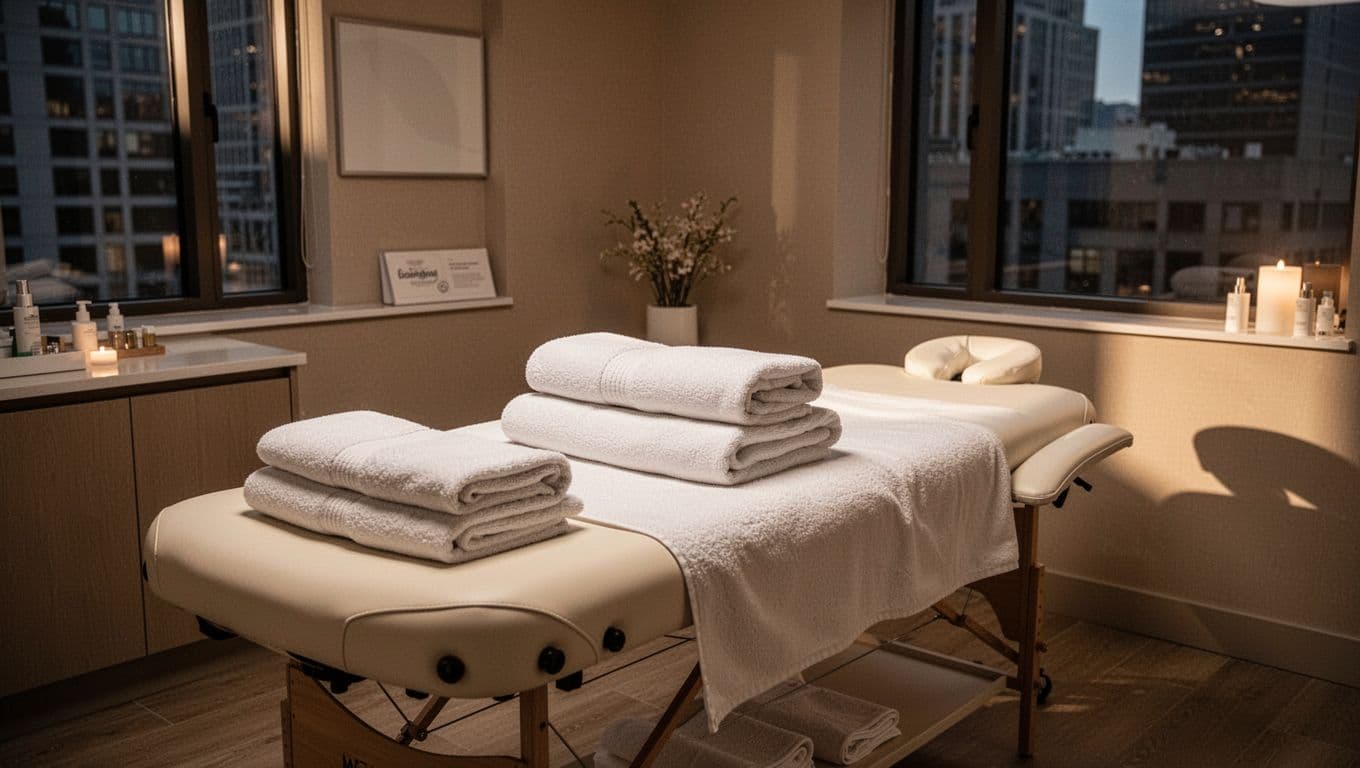 A massage table with neatly folded white towels in a spa room with warm lighting.