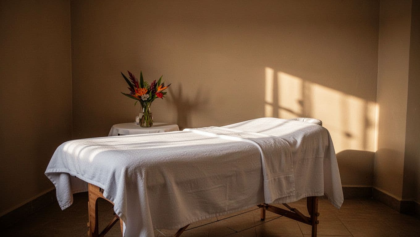 A pristine massage table draped in white linens sits inside a neutral-toned Kilimani spa room. A side table holds a small vase featuring local flowers under soft, dramatic ambient lighting.