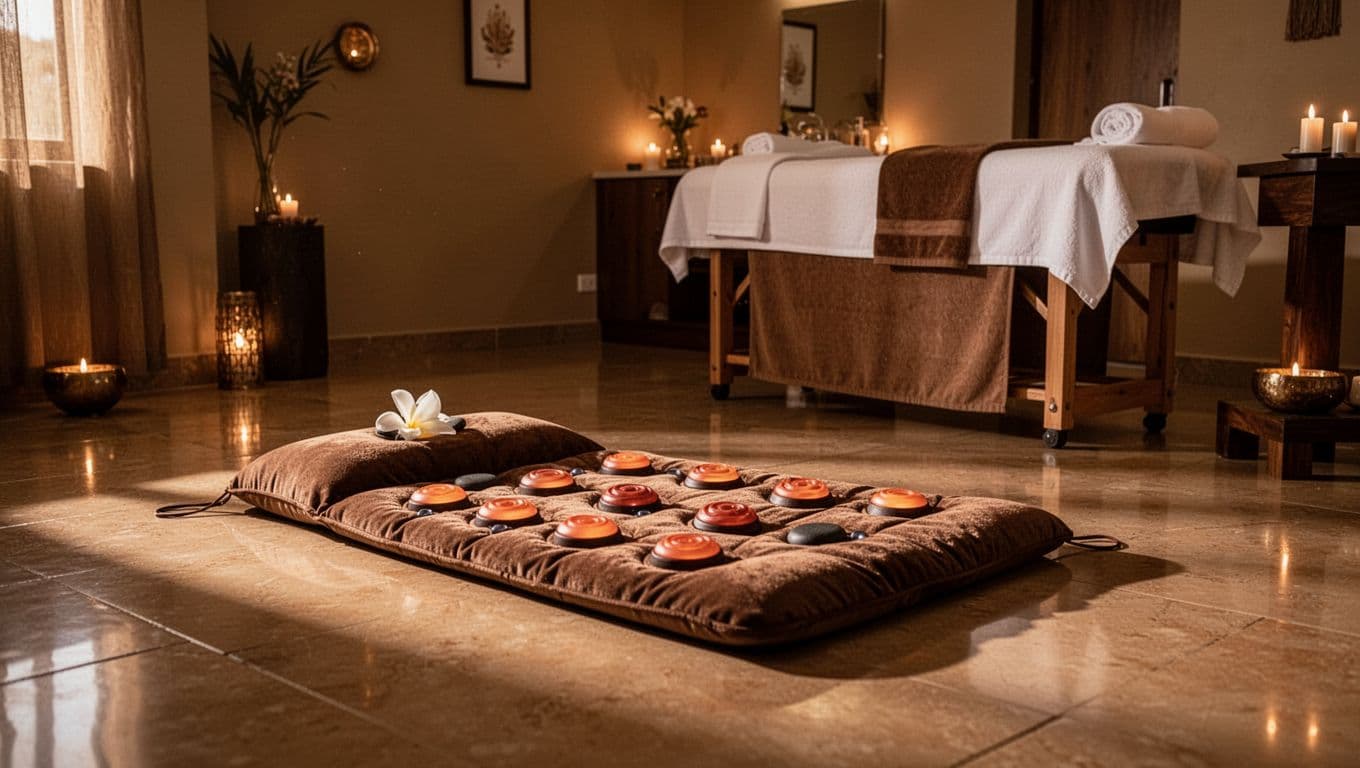 A calm spa room with a massage mat on the floor and warm lighting.