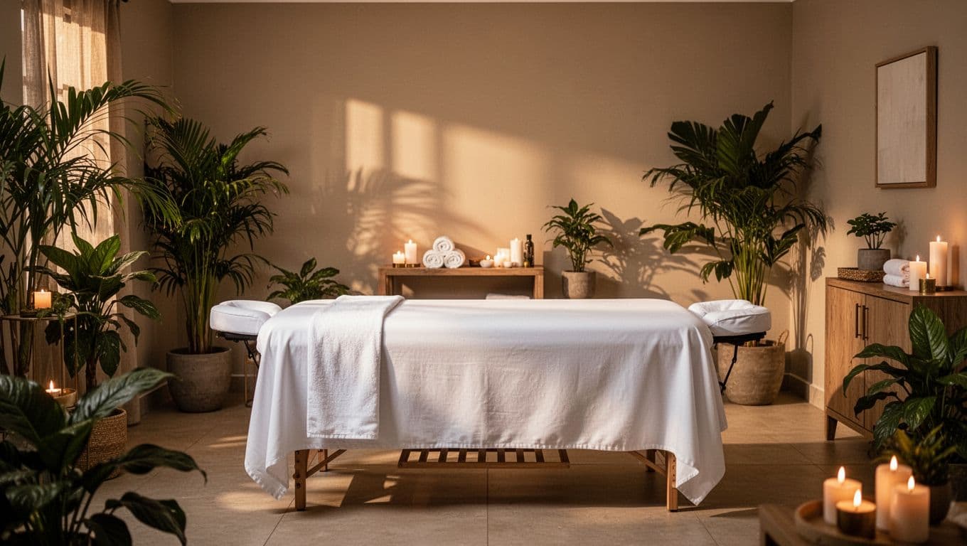 A peaceful spa room with a white massage table, plants, and warm lighting.