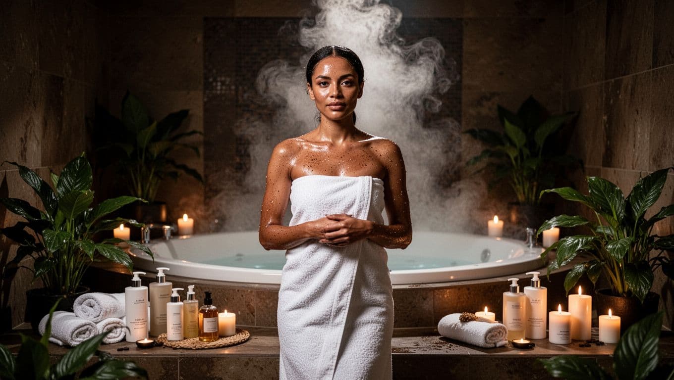 A woman wrapped in a white towel relaxes in an elegant Kilimani spa after a coffee sugar honey body scrub, adjacent to a steam bath room with rising mist, surrounded by glowing products, plants, and candles in a cinematic style with dramatic lighting.
