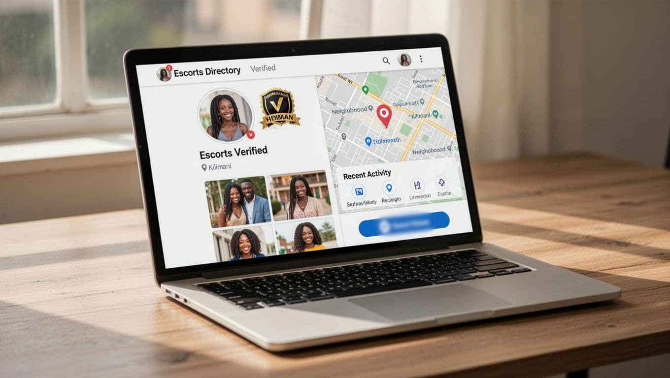 Laptop screen angled on a wooden desk under natural daylight displays an escorts directory verified profile with badge icon, consistent photo thumbnails, Kilimani map pin, recent activity icons, and blurred contact button in photorealistic style with no readable text.