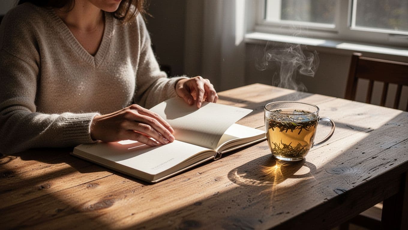 A person sitting at a sunny wooden table checking a blank planner beside tea.