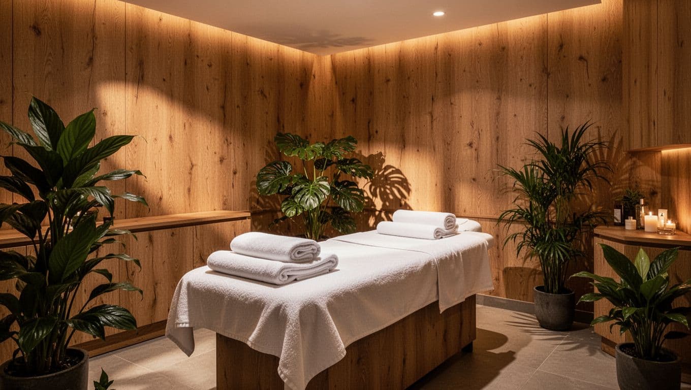 A calm spa room with a treatment table, folded white towels, and green plants under warm lighting.