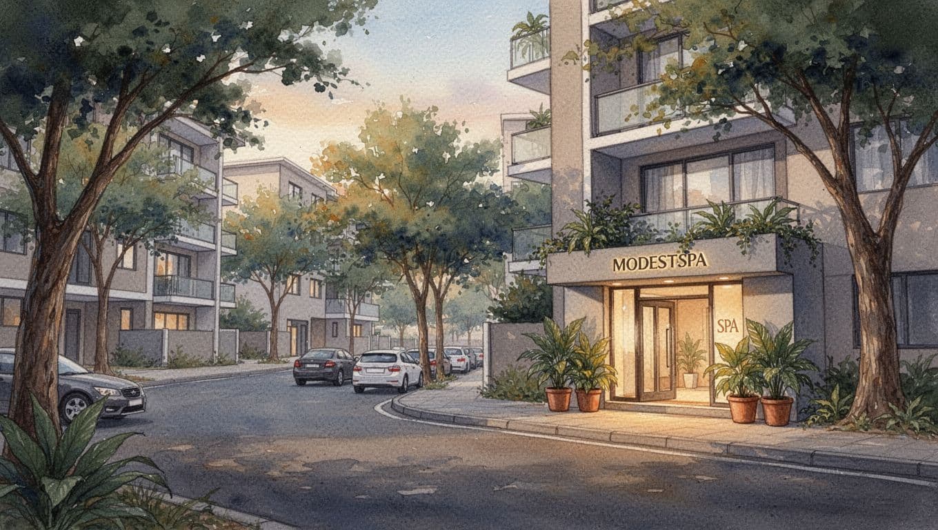 Watercolor scene of Kindaruma Road in Kilimani with apartments, trees, parked cars, and spa entrance with potted plants and warm light.