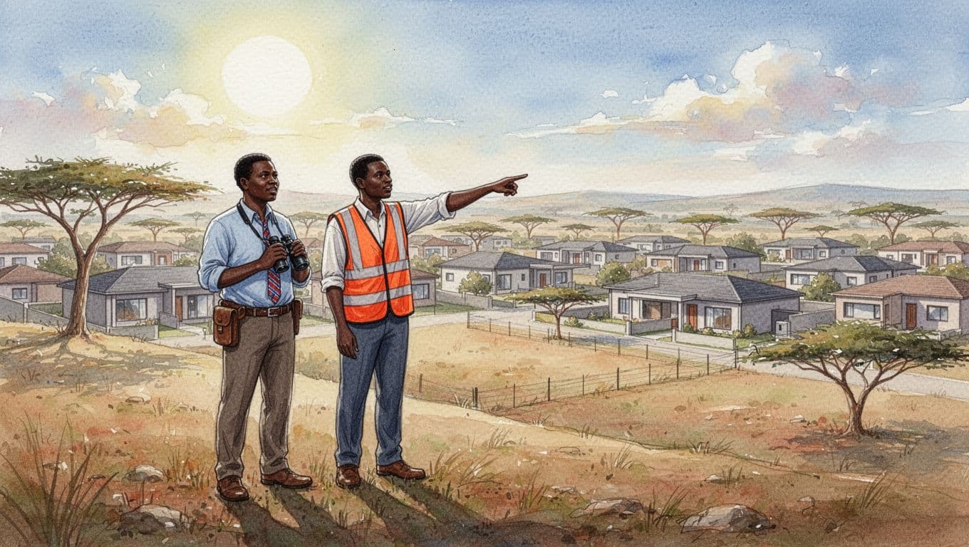 A prospective Kenyan property buyer stands relaxed on a hill holding binoculars, overlooking suburban development in Kitengela near Nairobi with acacia trees and modern homes under a sunny sky, while a companion surveyor points to the boundary, in watercolor style with soft blending and warm earth tones.