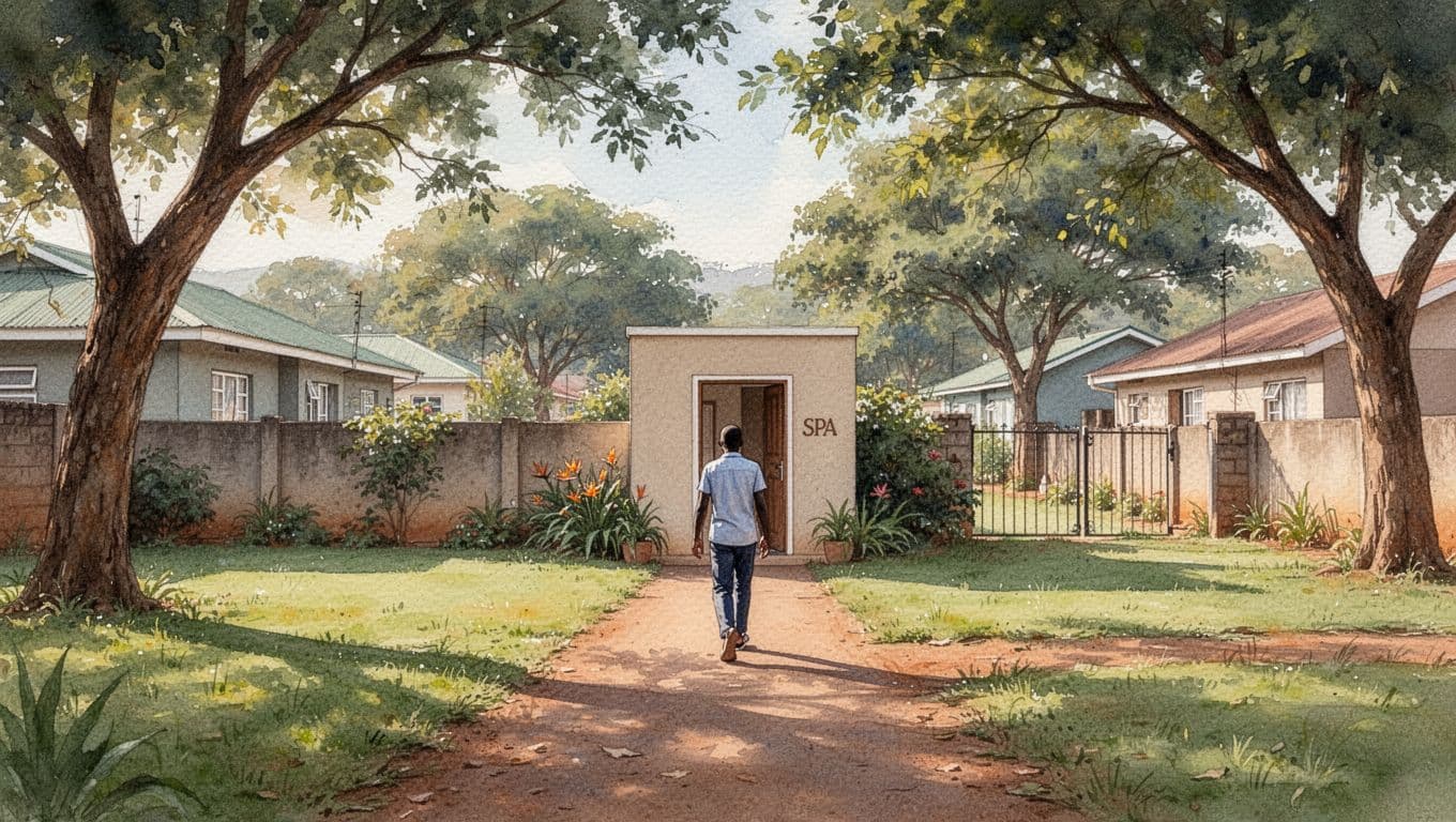 Massage in Nairobi: Types, Prices, and Fortune Spa in Langata 9 Person walks to spa entrance on relaxed tree-lined residential street in Langata with lawns and houses in watercolor style.