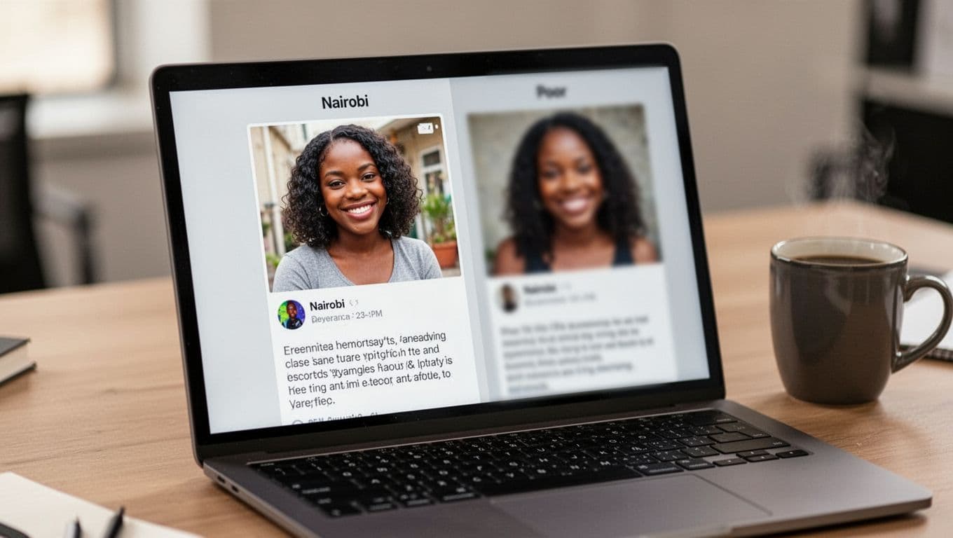 Close-up of a laptop screen on a desk with a nearby coffee mug, displaying blurred profiles of two Nairobi escorts—one with clear photos and engaging bio, the other blurry and generic—in natural office light.