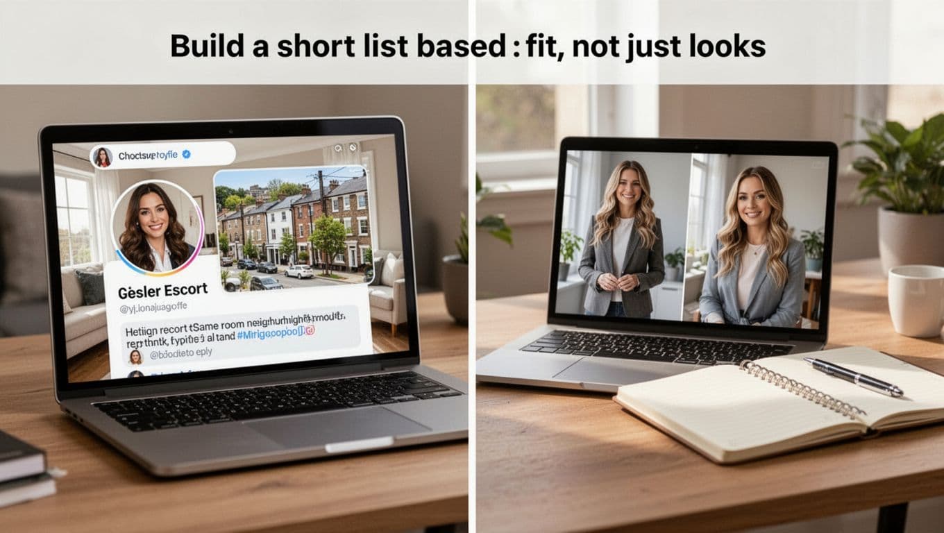 Photorealistic laptop screen split to compare two escort profiles for shortlisting: left side shows consistent photos in the same room background with neighborhood pin and bio snippet; right side has mismatched images in different styles. Desk setup includes notebook and pen under natural light, no people or hands visible.