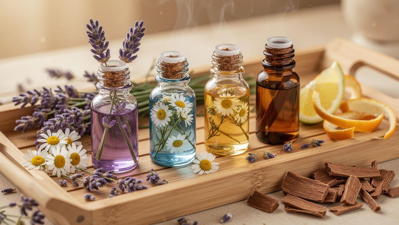 Serene close-up of small glass bottles containing lavender, chamomile, bergamot, and sandalwood essential oils arranged on a light wooden spa tray with scattered fresh lavender sprigs, chamomile flowers, bergamot peels, and sandalwood chips, in photorealistic style with soft warm lighting.