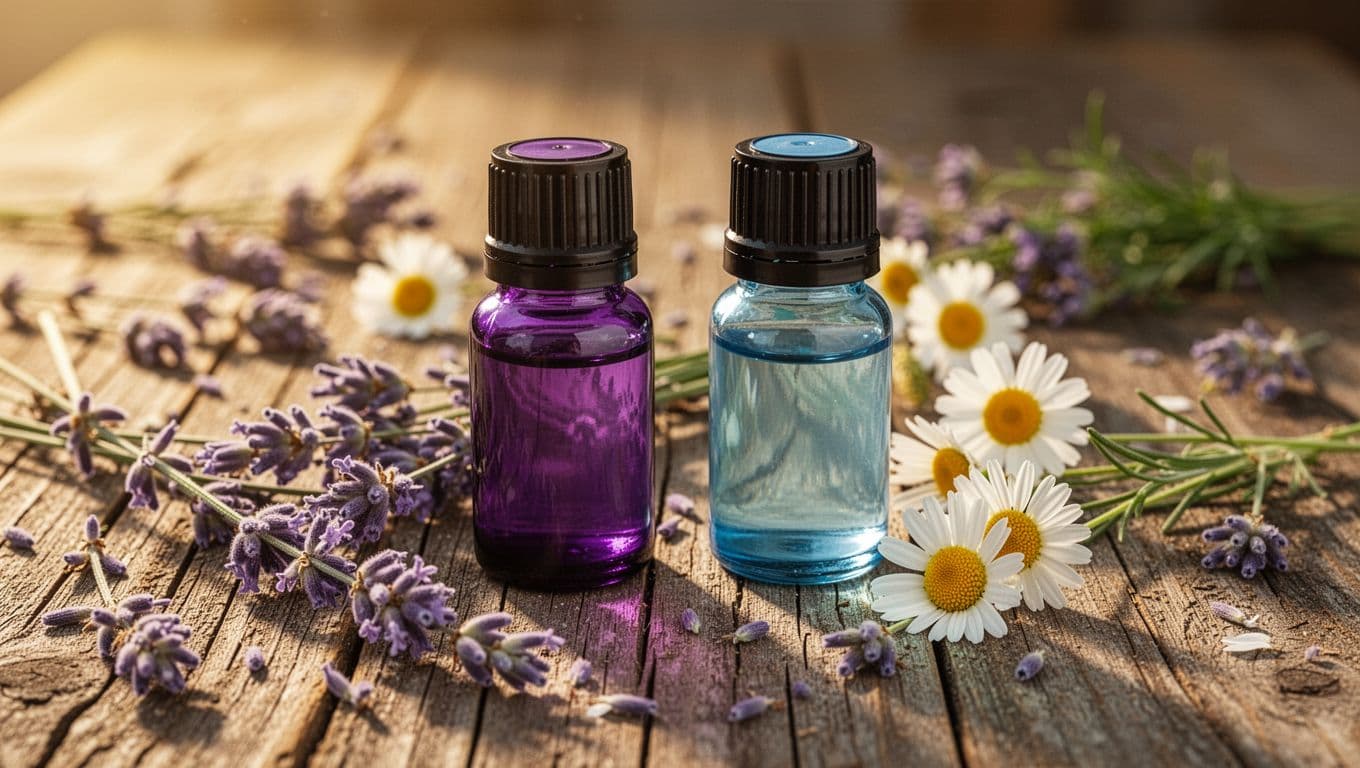 Close-up of deep purple lavender and light blue chamomile essential oil bottles on a rustic wooden surface, surrounded by scattered fresh lavender sprigs and chamomile flowers under warm golden hour lighting. Bold 'Pure Relaxation' headline in title case on a muted dark-green band at the top, photorealistic composition for aromatherapy relaxation, no people or labels.