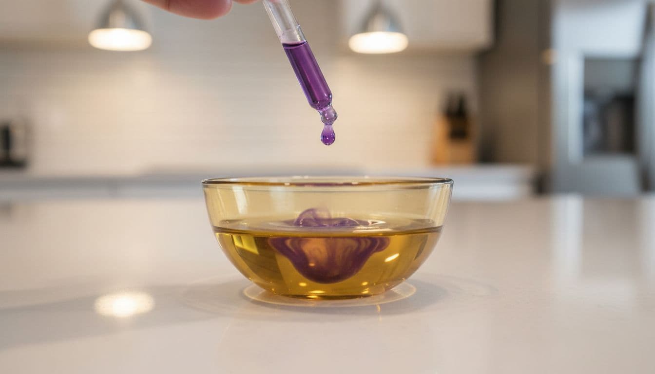 Hot Oil Massage 10 Close-up of a pipette adding one drop of purple lavender essential oil into golden carrier oil in an amber bowl on a clean kitchen counter, demonstrating safe dilution process.