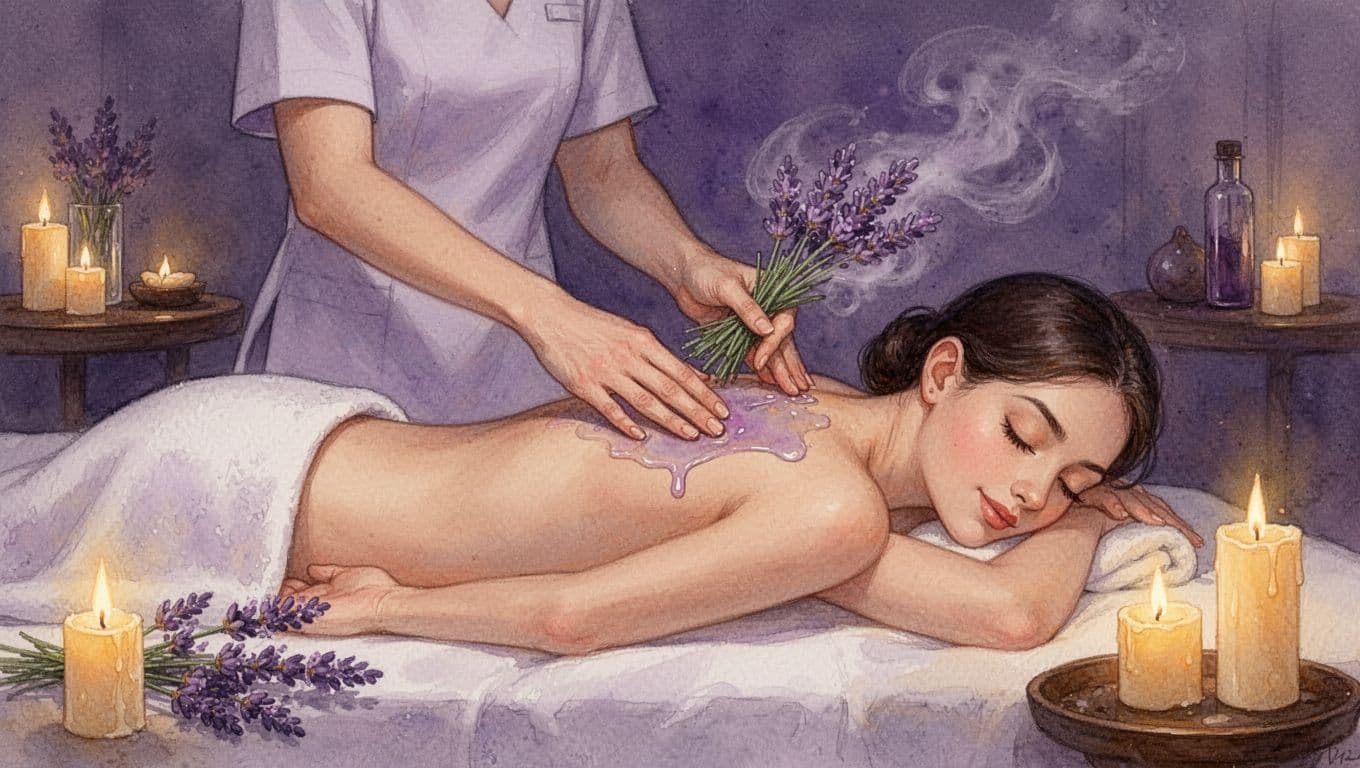 A client lies face down on a massage table receiving lavender-infused oil on their upper back from a therapist in a dimly lit spa with warm candlelight, in watercolor style.