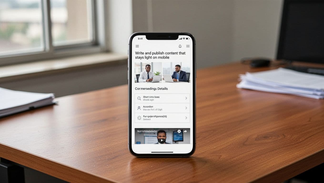 Realistic photograph of a smartphone on a wooden desk in a Nairobi office displaying a lightweight mobile webpage featuring compressed images, short intro text, accordion sections for details, and a non-embedded video thumbnail, lit by natural daylight in landscape composition with no people or watermarks.