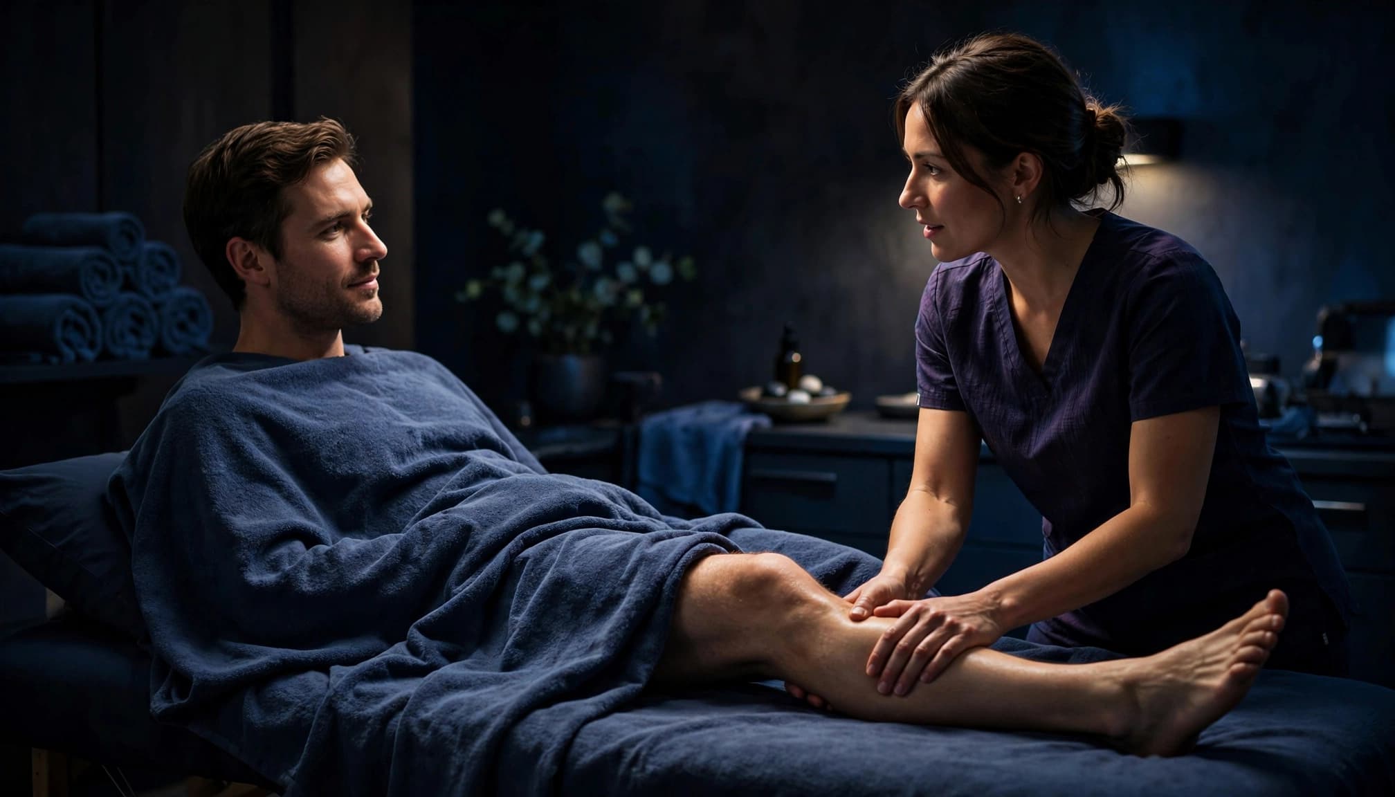 Therapist giving a draped client a lower-leg massage in a calm treatment room.