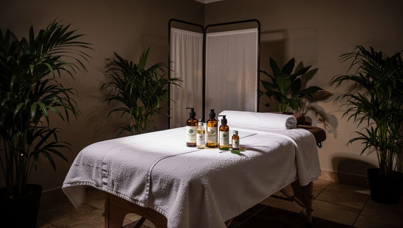 Interior of a luxurious Nairobi spa treatment room in Kilimani style, featuring a centered massage table with fresh linens and natural oils, dim ambient lighting, plants, and privacy screen for a clean, hygienic, and discreet atmosphere.
