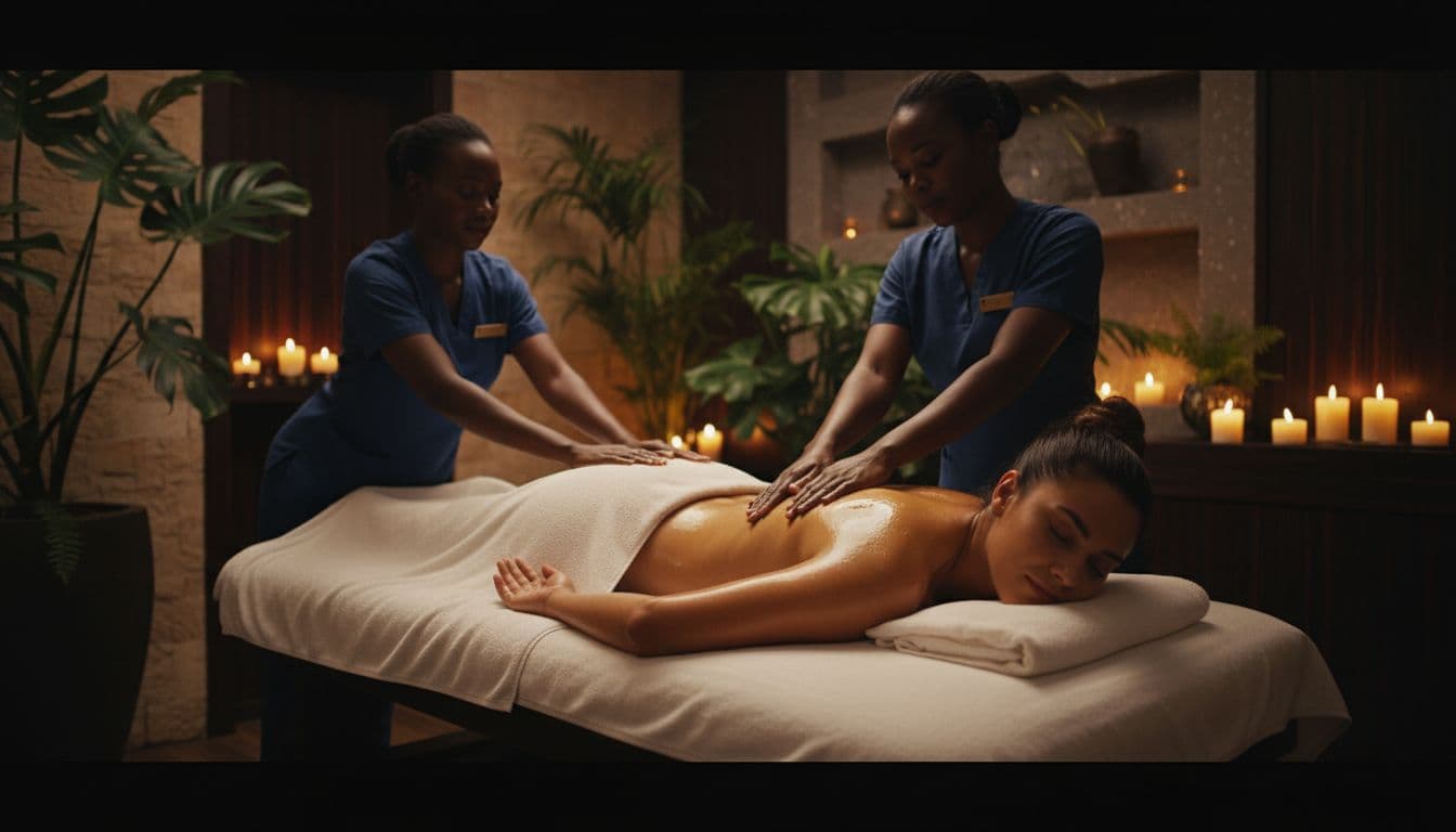 Two therapists perform a synchronized four hands massage using warm oils on a relaxed, draped client in a private luxurious Nairobi spa room illuminated by dim lights, candles, and plants. Cinematic style emphasizes hands and fluid movements with strong contrast, depth, and dramatic lighting.
