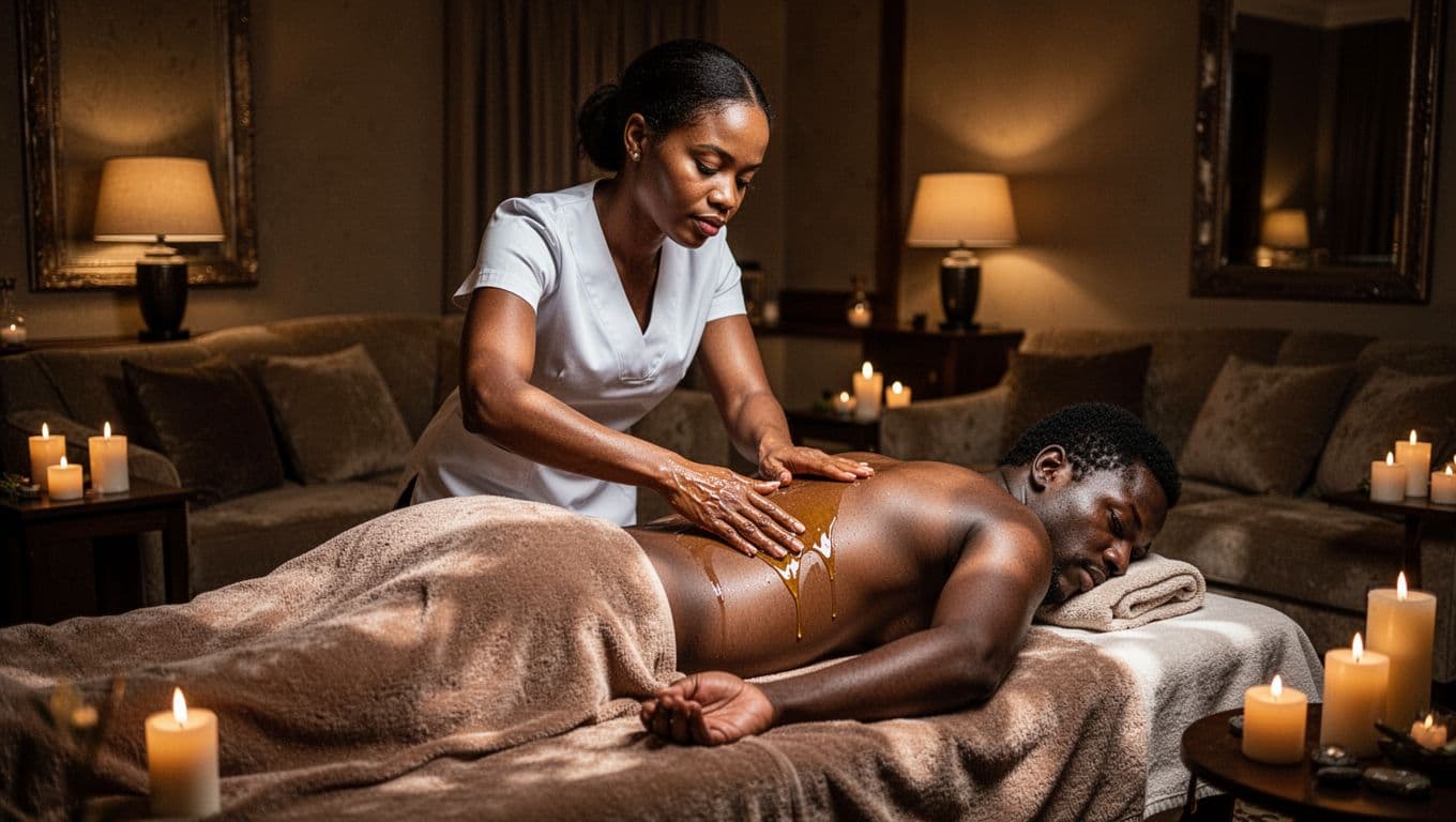 Private luxurious Nairobi spa room with candlelight and dim warm lighting, featuring one female therapist performing a discreet sensual body-to-body massage on a relaxed male client's draped lower back and glutes for deeper release.