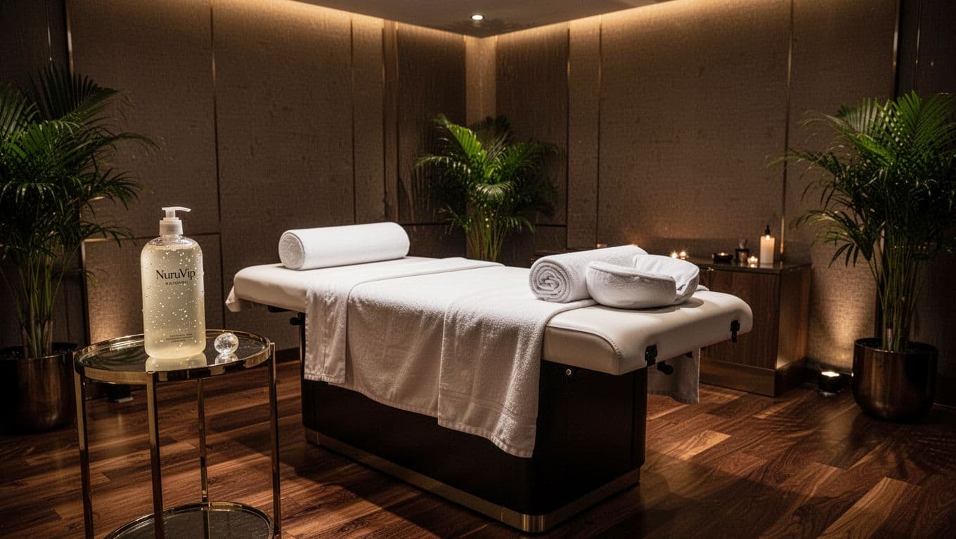 Empty luxurious modern VIP spa treatment room with dim warm ambient lighting, professional massage table with crisp white linens and bolster pillow, translucent Nuru gel bottle on elegant side table, subtle tropical plant accents, and polished wood floors in cinematic style with strong contrast and depth.