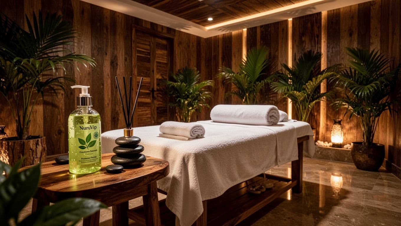 An empty luxurious NuruVip spa treatment room in Nairobi showcases premium wellness trends with an eco-friendly gel bottle, arranged hot stones, custom scent diffuser, fresh towels, bolster pillow, green plants, and tropical wooden accents under warm dim cinematic lighting.