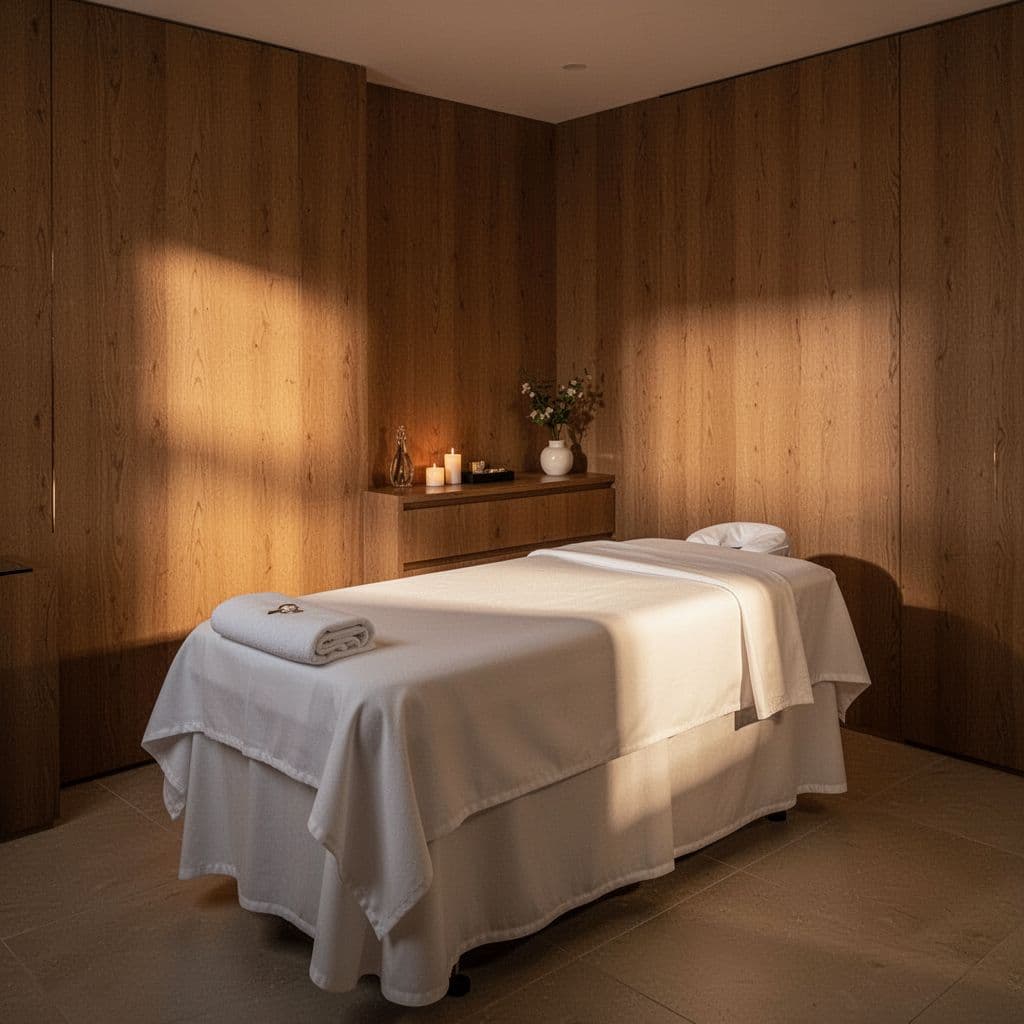 A minimalist massage bed with crisp white linens sits in a tranquil room featuring warm wooden accents. Dramatic cinematic lighting creates soft, inviting shadows across the clean, serene spa interior environment.