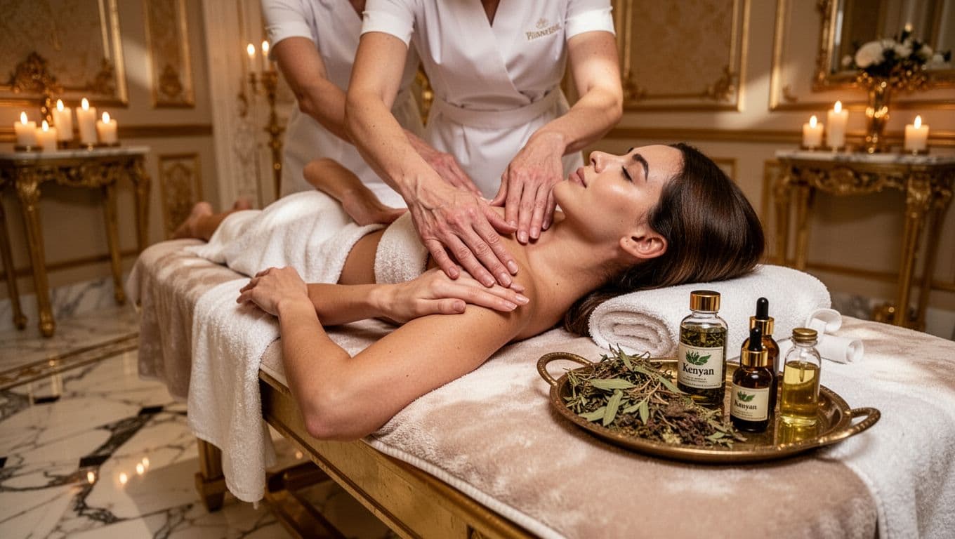 Elegant client reclining on a luxurious massage table in Villa Rosa Kempinski Spa Nairobi suite, therapist applying precise strokes to neck and shoulders with natural Kenyan oils and herbs, opulent room with gold accents, marble floors, and soft candlelight.