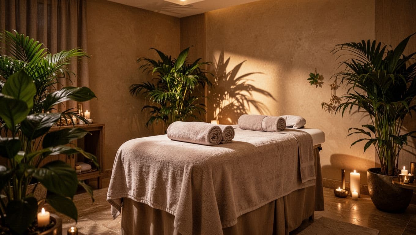 A tranquil massage table with rolled towels under warm lights in a luxury spa room.