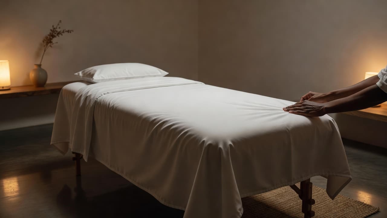 A therapist adjusts crisp white linens on a massage table within a serene Nairobi studio. Warm, dramatic accent lighting highlights the wooden textures and minimalist decor of this professional wellness space.
