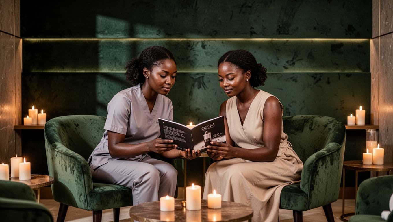 In a luxurious Nairobi spa lounge, a couple sits comfortably as a therapist presents a premium package options booklet amid warm soft lighting and nearby candles, focusing on their upscale group discussion.