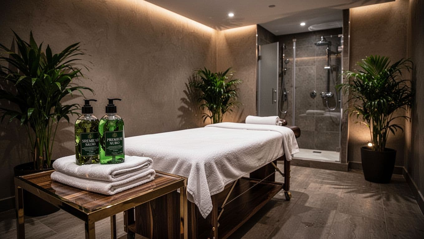 Elegant Nuru VIP massage spa interior in Nairobi featuring a waterproof massage futon, premium seaweed Nuru gel bottles on a wooden side table, neatly folded white towels, soft ambient lighting, potted green plants, and a private shower area. Cinematic style with strong contrast, depth, and dramatic lighting, highlighting premium hygiene and luxury.