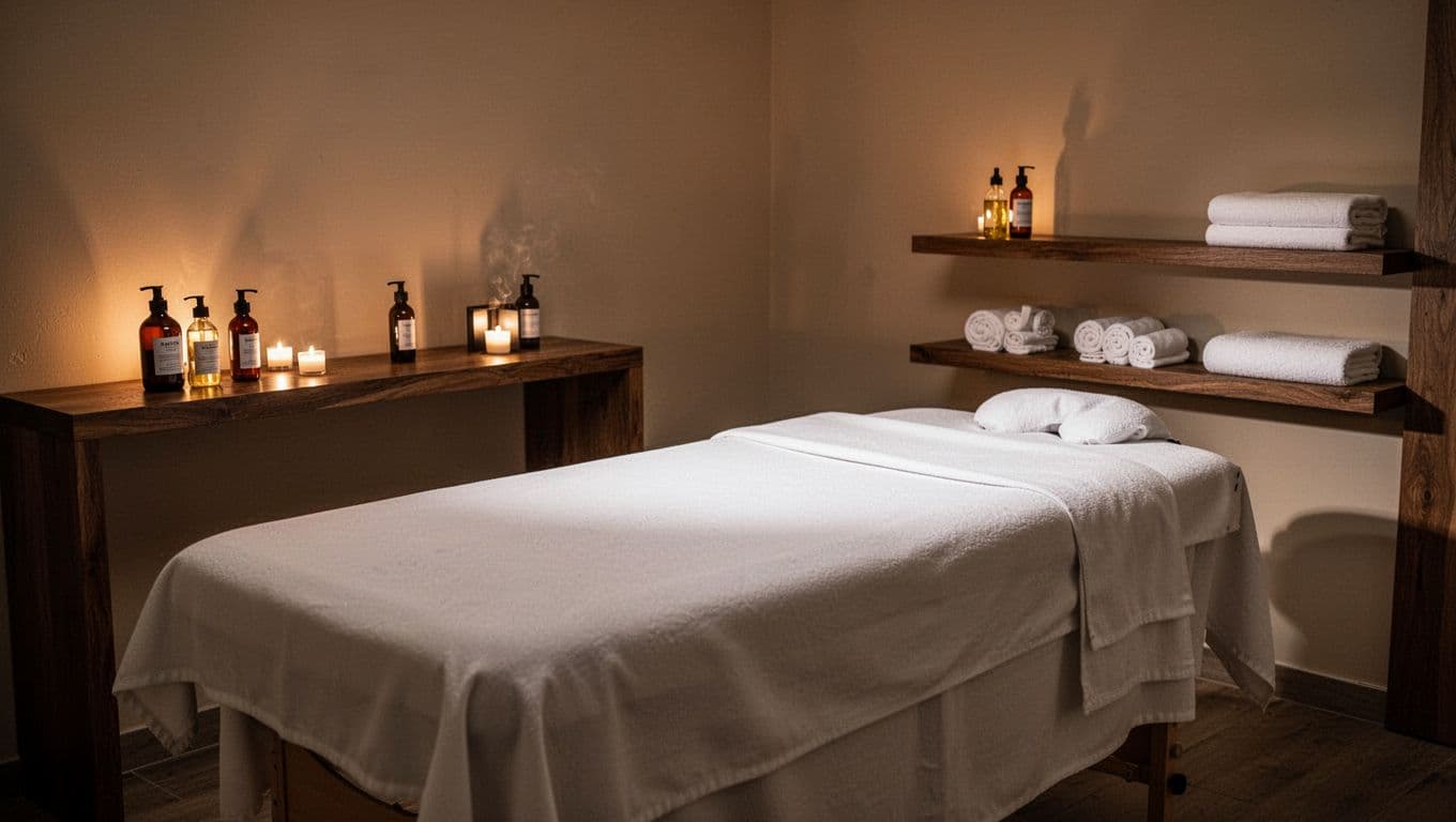 A pristine massage table sits in a serene room featuring warm ambient light. A wooden shelf nearby displays neatly folded towels and essential oil bottles in a clean, professional arrangement.