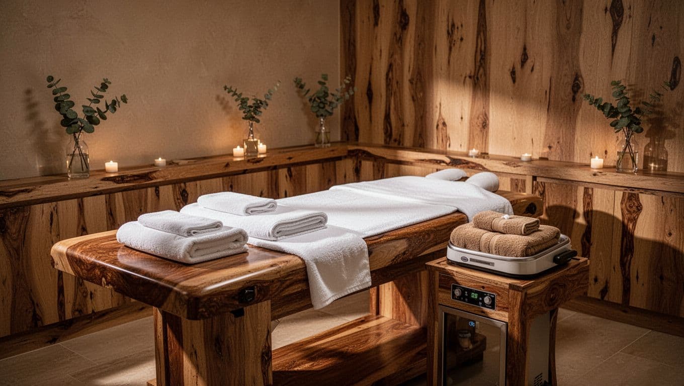 A serene massage room with a wooden table, white linens, and soft ambient lighting.