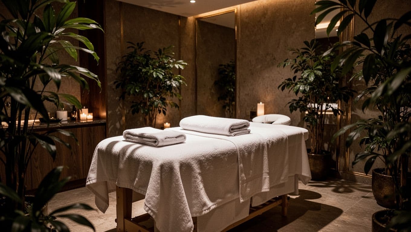 A serene massage room with a clean table and folded towels in soft lighting.
