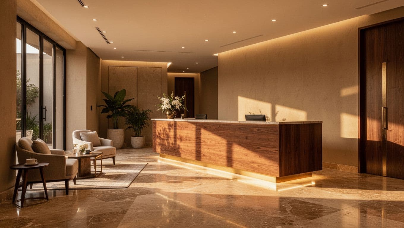 A refined waiting area features soft golden lighting illuminating minimalist stone textures and plush seating. The space exudes tranquility with carefully arranged decor, creating an inviting atmosphere for visitors seeking peaceful relaxation.