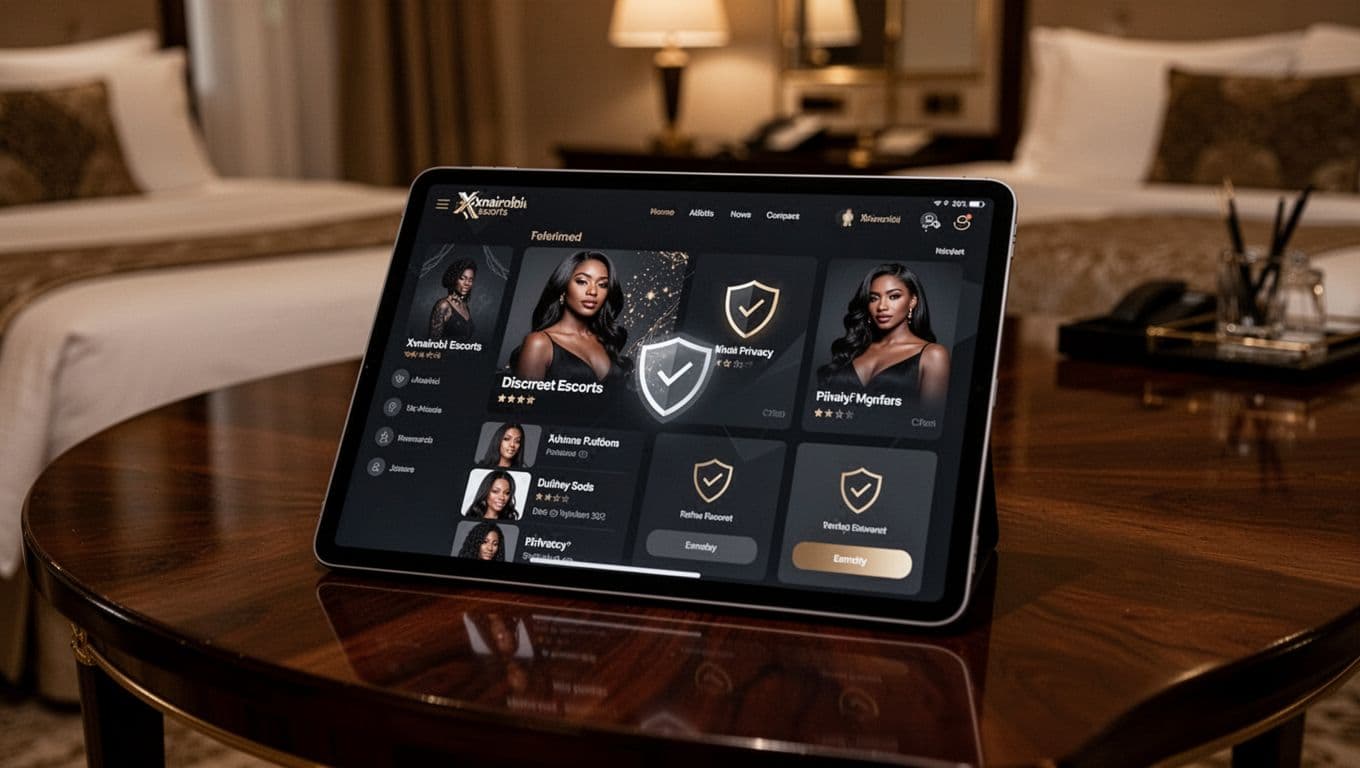 Luxurious tablet on dark wooden table in high-end hotel suite displaying elite discreet escort platform with refined profiles, privacy shields, subtle verification marks, and sophisticated dark theme under low-key lighting.