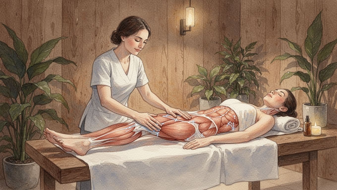 Therapist performs gentle upward lymphatic drainage on client's leg with light finger pressure, transitioning to myofascial release smoothing back fascia in a serene spa with natural elements. Watercolor style features soft blending, visible brush texture, earth tones, and warm dim lighting; one client, one therapist in relaxed pose.